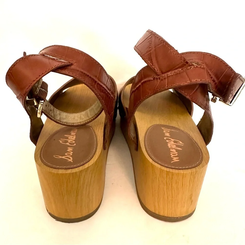 Sam Edelman Wood Platform Clog Sandel Brown Leather Size 8